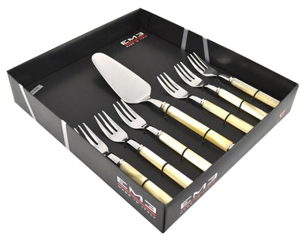 Dessert Pearl 7-Piece Cutlery Set in Stainless Steel 1810 Including 6 Forks and Cake Spatula in Box by Bomboniere Eme