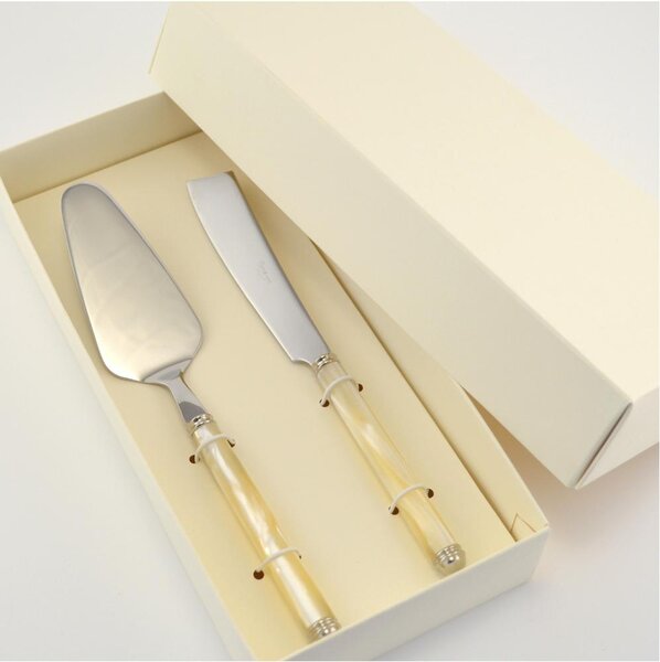 Two-piece cutlery set for Dolce Pearl Linea model featuring a cake server and knife, boxed with acrylic handle and double turned ring, in a box with a serigraphed name bomboniere eme