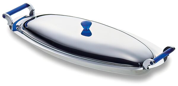 VULCANO EME Stainless Steel Fish Kettle with Lid, 60 cm Length, Blue Methacrylate Handles, Blue Colour, Name: Vulcano