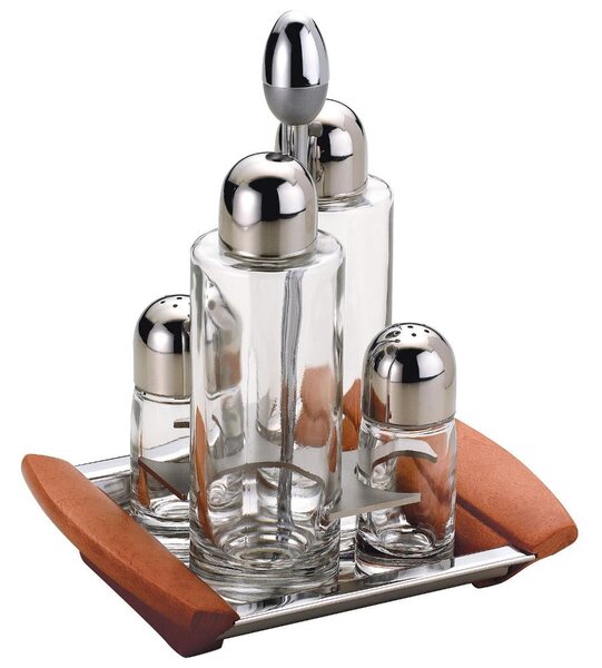 Polished Steel Square ALLURE Oil Vinegar Salt and Pepper Set with Glass Bottles