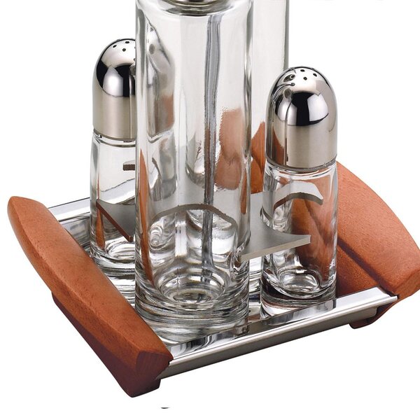 Polished Steel Square ALLURE Oil Vinegar Salt and Pepper Set with Glass Bottles