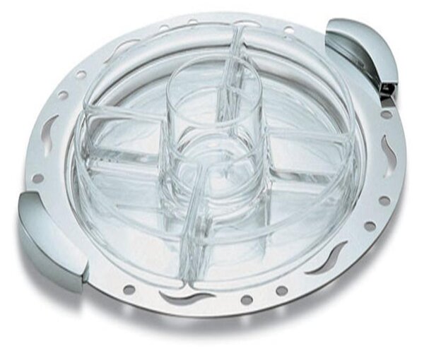 Round appetizer dish 35 cm Diameter with 5 Compartments in Polished Steel and Chromed Handles from the TRAFORATI Line