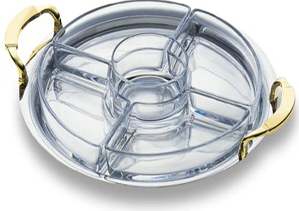 Round appetizer dish with 5 Compartments 30 cm Diameter Polished Stainless Steel with Gold Handles VICTORIA