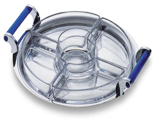 Round appetizer dish 30 cm Diameter with 5 Compartments in Polished Steel from the VULCANO Line