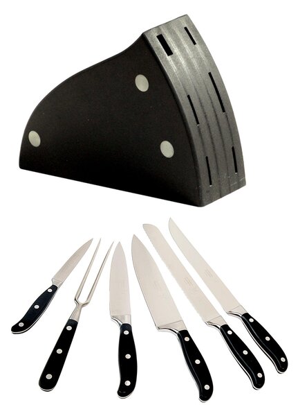 Wooden Block with 6 Forged Kitchen Knives 45x8xh30 cm, Knives with Black Acetal Resin Handles, Handcrafted Wood, X60-CR-MO-VA18 Stainless Steel Blade