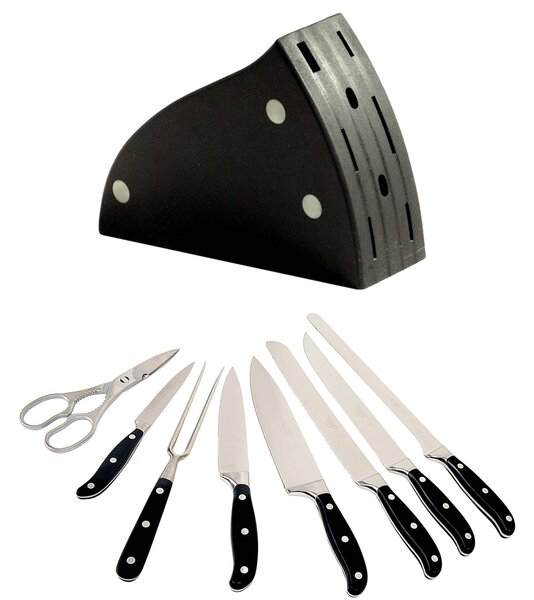Wooden Block with 8 Hand-Forged Kitchen Knives 45x8xh30 cm, Black Acetal Resin Handles, Handcrafted Wood, X60-CR-MO-VA18 Stainless Steel Blade