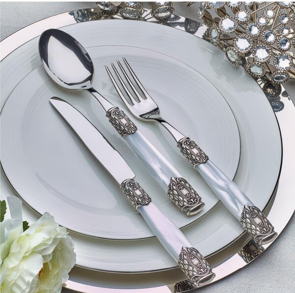 QUEEN Antique Silver 24-Piece Cutlery Set - 6 Table Settings with Pearl Effect Methacrylate Handle and Silver American Metal Ring, 2.5 mm Thickness