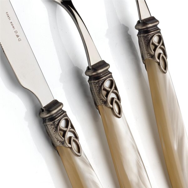 4-Piece Cutlery Set for 1 Table Setting Gioiello Antico with 18/10 Stainless Steel and Mother-of-Pearl Acrylic Handle with Antique Ring