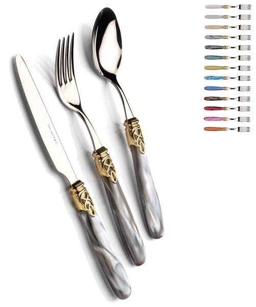4-Piece Cutlery Set for 1 Table Setting Gioiello Gold in 18/10 Stainless Steel with Pearly Acrylic Handle and Gold Ring, Gold Stainless Steel Finish