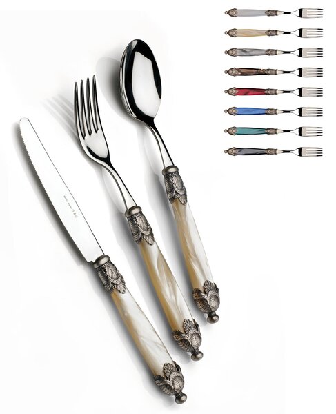 Coloured Cutlery Set 4 Pieces 1 Table Setting Siena Cutlery in 18/10 Stainless Steel with Mother-of-Pearl Acrylic Handle and Antique Double Ring