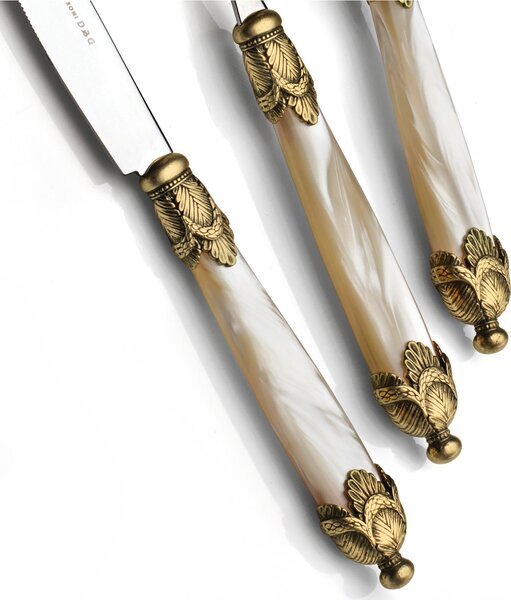 Coloured Cutlery Set 4 Pieces 1 Table Setting Siena in 18/10 Stainless Steel with Pearlised Acrylic Handle and Double Golden Ring Antique Gold Finish