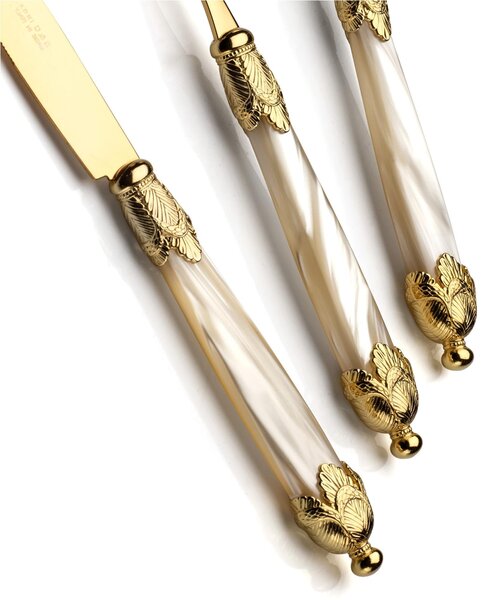 Siena 24 Piece Cutlery Set for 6 Table Settings in 18/10 Stainless Steel with Pearly Acrylic Handle and Double Gold Ring, All Gold Finish