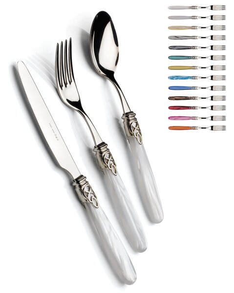 4-Piece Cutlery Set for 1 Place Setting, Gioiello Polished Jewel with 18/10 Stainless Steel, Mother-of-Pearl Acrylic Handle and Antique-Style Ring, Polished Stainless Steel Finish