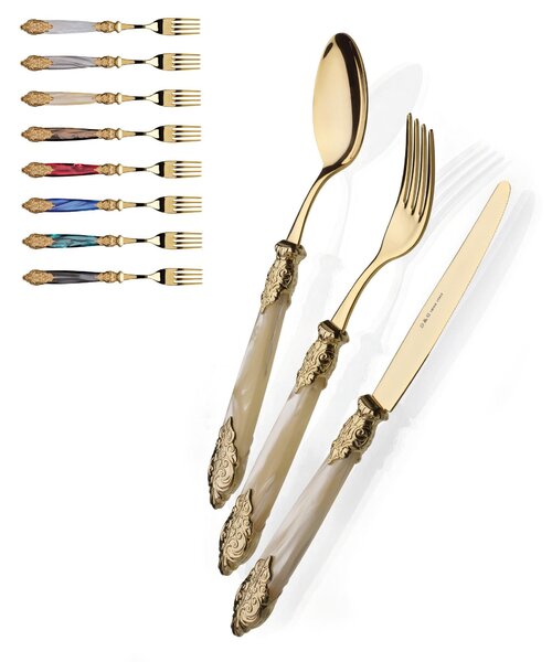 Versailles 24 Piece Colourful Cutlery Set, 6 Table Settings, All Gold Versailles with 18/10 Stainless Steel, Mother-of-Pearl Acrylic Handle with Double Gold Ring, Gold Finish Stainless Steel