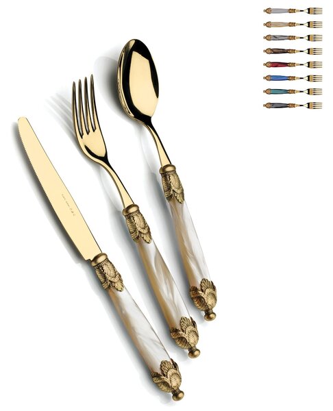 Siena 4-piece table setting cutlery in 18/10 stainless steel with pearlescent acrylic handle and double golden ring, antique gold finish