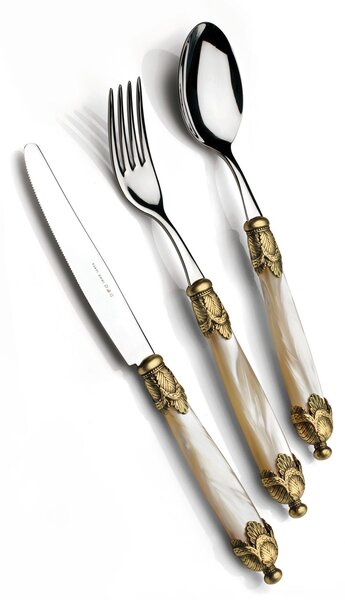 Coloured Cutlery Set 4 Pieces 1 Table Setting Siena in 18/10 Stainless Steel with Pearlised Acrylic Handle and Double Golden Ring Antique Gold Finish