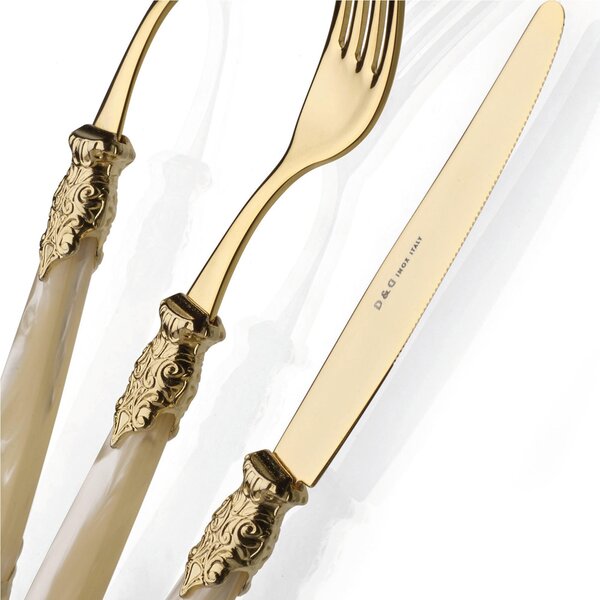 Versailles 4-Piece Cutlery Set for One Place Setting All Gold in 18/10 Stainless Steel with Mother-of-Pearl Acrylic Handle and Double Gold Ring Gold Finish Stainless Steel