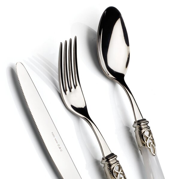 4-Piece Cutlery Set for 1 Place Setting, Gioiello Polished Jewel with 18/10 Stainless Steel, Mother-of-Pearl Acrylic Handle and Antique-Style Ring, Polished Stainless Steel Finish