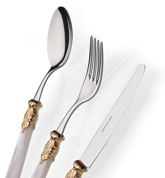 Colourful Cutlery Set 4 Pieces 1 Place Setting Versailles Gold in 18/10 Stainless Steel with Mother-of-Pearl Acrylic Handle and Double Gold Ring Gold Finish Stainless Steel Name: Versailles