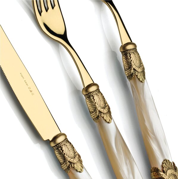 Siena 4-piece table setting cutlery in 18/10 stainless steel with pearlescent acrylic handle and double golden ring, antique gold finish