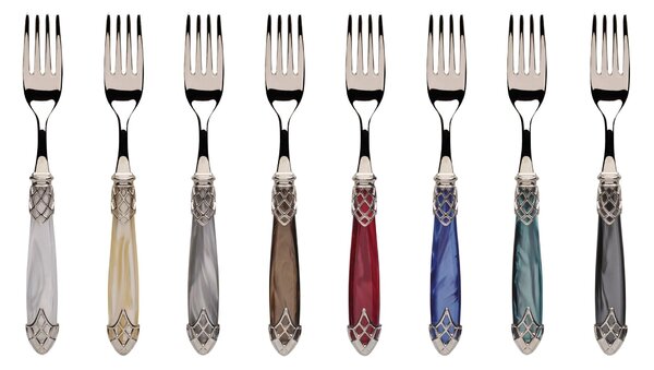DUBAI SHINY, 6 seat table, 24 piece cutlery set in polished 18/10 stainless steel 2.5 mm thickness Handle in pearly acrylic with shiny metal ring dishwasher safe