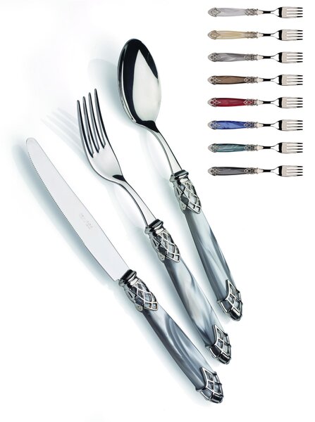 DUBAI SHINY, 6 seat table, 24 piece cutlery set in polished 18/10 stainless steel 2.5 mm thickness Handle in pearly acrylic with shiny metal ring dishwasher safe