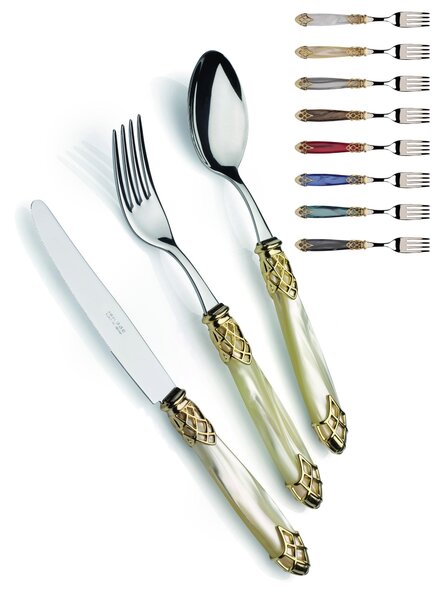 DUBAI GOLD AND STEEL, 6 Place Settings, Cutlery Set 24 Pieces in Polished 18/10 Stainless Steel 2.5 mm Thickness with Mother-of-Pearl Acrylic Handle and Polished Metal Ring, Dishwasher Safe
