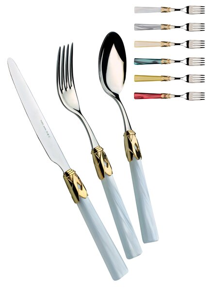 CAPRI Gold and Steel Bezel, 6 Place Settings, 24-Piece Cutlery Set in 18/10 Polished Stainless Steel Thickness 2.5 mm, Mother-of-Pearl Acrylic Handle with Polished Gold Bezel, Dishwasher Safe