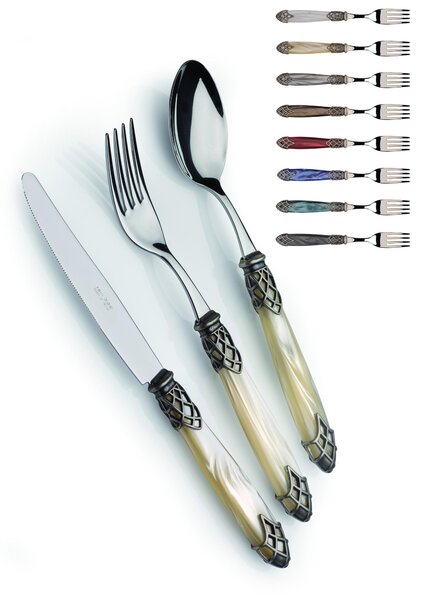 DUBAI ANTICO, 6 Place Settings, 24 Piece Cutlery Set in Polished 18/10 Stainless Steel 2.5 mm Thickness, Mother-of-Pearl Acrylic Handle with Antiqued Silver Effect Ring, Dishwasher Safe