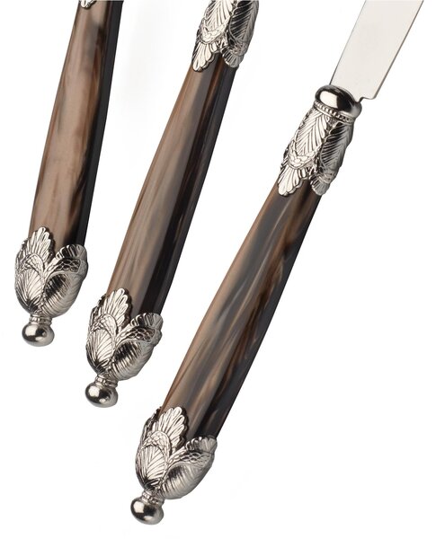 Coloured Cutlery Set 24 Pieces for 6 Table Settings Siena in 18/10 Stainless Steel with Pearly Acrylic Handle and Antique Double Ring with Silver Finish