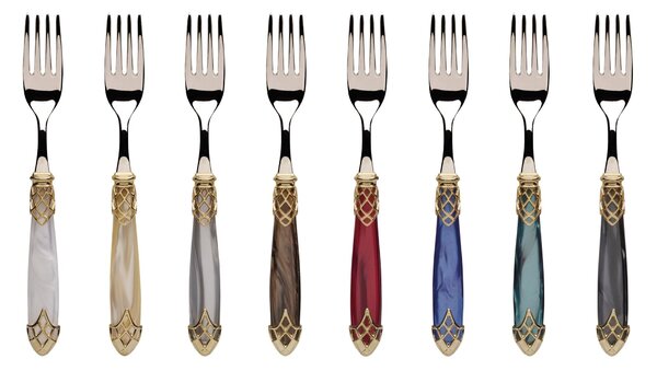 DUBAI GOLD AND STEEL, 6 Place Settings, Cutlery Set 24 Pieces in Polished 18/10 Stainless Steel 2.5 mm Thickness with Mother-of-Pearl Acrylic Handle and Polished Metal Ring, Dishwasher Safe