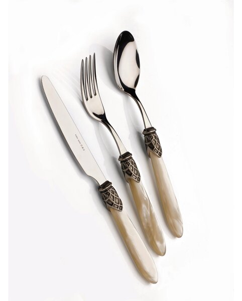 Elegant Antique, 6 Place Settings, 24-Piece Cutlery Set in Polished 18/10 Stainless Steel 2.5mm Thickness, Mother-of-Pearl Acrylic Handle with Antiqued Silver Effect Ring