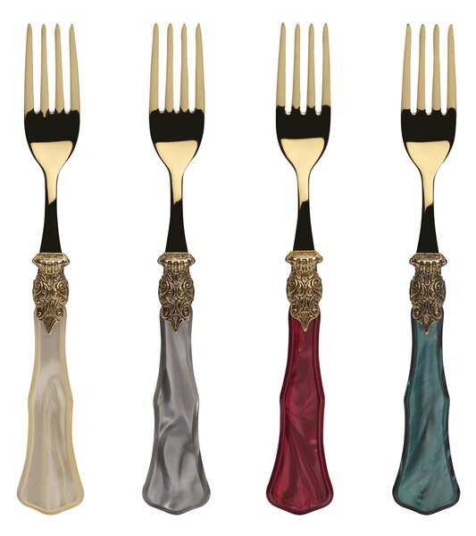 Ginevra All Gold Antiqued, 6 Place Settings, 24 Pieces Cutlery Set in Polished 18/10 Stainless Steel Thickness 2, Mother-of-Pearl Acrylic Handle with Antiqued Metal Ring, Dishwasher Safe, Name: Ginevra Oro-Anticato Oro