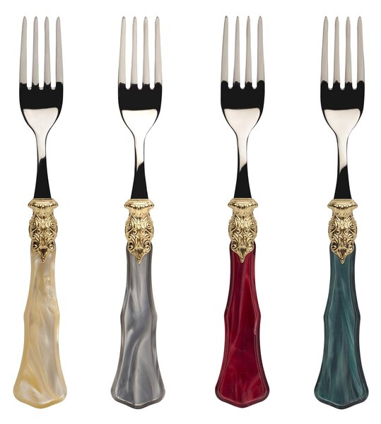 GINEVRA ORO E ACCIAIO, 6 place settings, Cutlery set 24 pieces in polished 18/10 stainless steel thickness 2.5 mm Handle in pearlescent acrylic with antiqued metal effect ring dishwasher safe