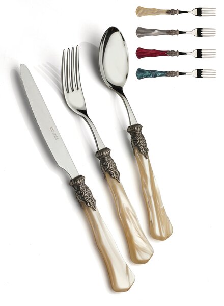 GINEVRA ANTICO, 6 place settings, 24 piece cutlery set in polished 18/10 stainless steel 2.5 mm thickness, pearl acrylic handle with antiqued metal ring, dishwasher safe