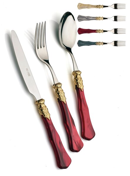 GINEVRA ORO E ACCIAIO, 6 place settings, Cutlery set 24 pieces in polished 18/10 stainless steel thickness 2.5 mm Handle in pearlescent acrylic with antiqued metal effect ring dishwasher safe