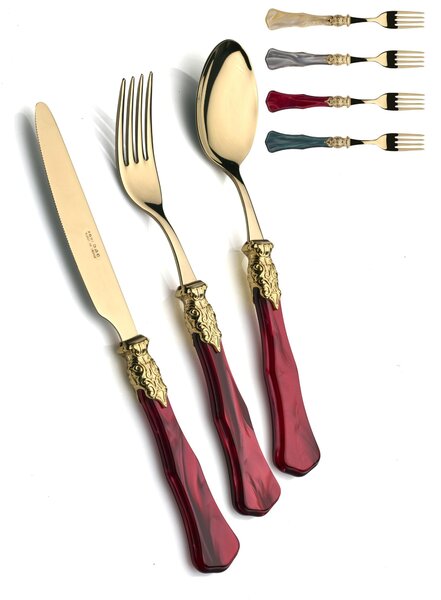 GINEVRA TUTTO ORO, 6 place settings, Cutlery set 24 pieces in polished 18/10 stainless steel 2.5 mm thickness Acrylic handle with mother-of-pearl effect and antique-look metal ring Dishwasher safe GINEVRA OLD GOLD