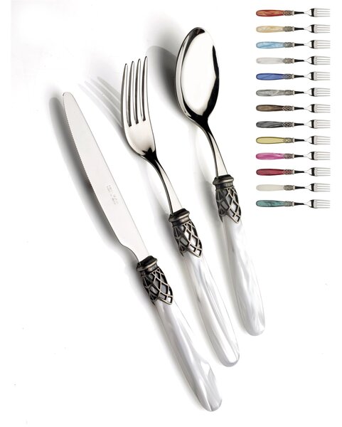 FRANCE inox ANTICO, 6 place settings, cutlery set 24 pieces in polished 18/10 stainless steel thickness 2.5 mm with mother-of-pearl acrylic handle and antiqued silver effect ring, dishwasher safe