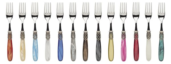 FRANCE inox ANTICO, 6 place settings, cutlery set 24 pieces in polished 18/10 stainless steel thickness 2.5 mm with mother-of-pearl acrylic handle and antiqued silver effect ring, dishwasher safe