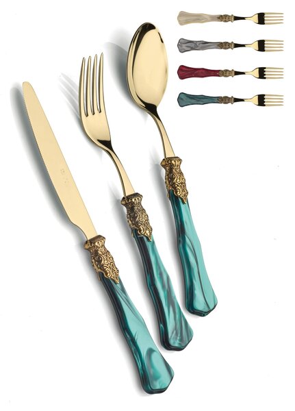 Ginevra All Gold Antiqued, 6 Place Settings, 24 Pieces Cutlery Set in Polished 18/10 Stainless Steel Thickness 2, Mother-of-Pearl Acrylic Handle with Antiqued Metal Ring, Dishwasher Safe, Name: Ginevra Oro-Anticato Oro