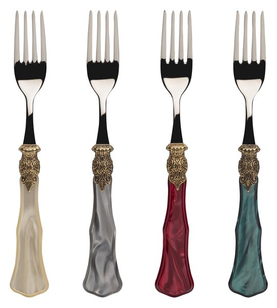GINEVRA Gold and Steel, 6 Table Settings, 24 Piece Cutlery Set in Polished 18/10 Stainless Steel with 2.5 mm Thickness, Mother-of-Pearl Acrylic Handle with Antiqued Metal Ring, Dishwasher Safe