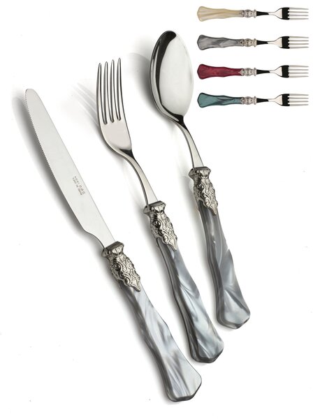 GINEVRA ANTICO, 6 place settings, 24 pieces cutlery set in polished 18/10 stainless steel 2.5 mm thickness, handle in pearlescent acrylic with antiqued metal ring, dishwasher safe