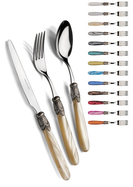 ISCHIA Antique Ring and Steel, 6 Place Settings, 24-Piece Cutlery Set in Polished 18/10 Stainless Steel Thickness 2.5 mm, Handle in Pearly Acrylic with Antiqued Metal Ring, Dishwasher Safe