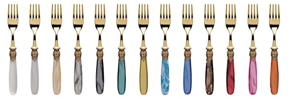 PARIS ALL ANTIQUE GOLD, 6 place settings, 24 piece cutlery set in polished 18/10 stainless steel 2.5 mm thickness, Mother-of-pearl acrylic handle with antiqued metal ring, dishwasher safe