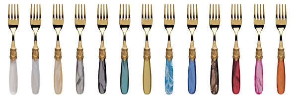 ISCHIA ORO ANTICATO and Gold 6 Place Settings, Cutlery Set 24 Pieces in Polished 18/10 Stainless Steel Thickness 2.5, Handle in Mother-of-Pearl Effect Acrylic with Antiqued Gold Effect Ring Dishwasher Safe