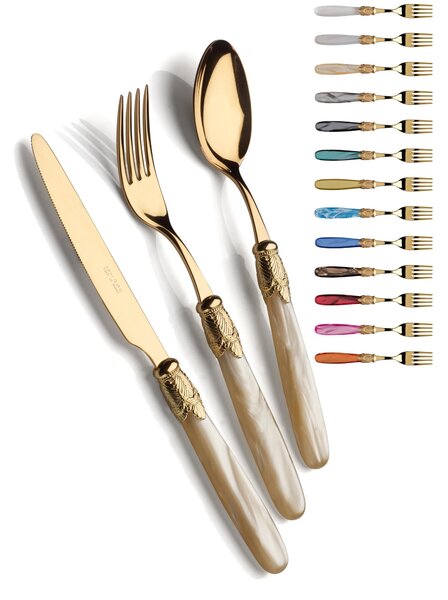 Ischia 24-Piece Cutlery Set with Polished Gold Ring and Mother-of-Pearl Acrylic Handle in 18/10 Polished Stainless Steel, 2.5 mm Thickness