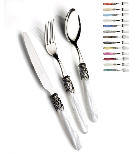 4 Piece Table Setting Cutlery FRANCE Antique Ring in Polished 18/10 Stainless Steel Thickness 2.5, Mother-of-Pearl Acrylic Handle with Antiqued Metal Ring