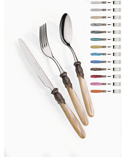 PARIS ANTICO, 6 place settings, 24 piece cutlery set in polished 18/10 stainless steel 2.5 mm thickness Acrylic mother-of-pearl methacrylate handle with antiqued effect ring dishwasher safe