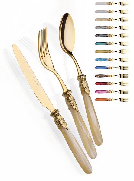 PARIS ALL GOLD, 6 place settings, 24 pieces cutlery set in polished 18/10 stainless steel 2.5 mm thickness, Mother-of-pearl acrylic handle with gold ring, dishwasher safe