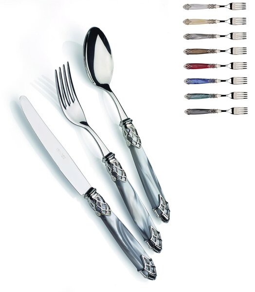 DUBAI LUCIDO, table setting, 4-piece cutlery set in polished 18/10 stainless steel 2.5 mm thick, mother-of-pearl acrylic handle with shiny metal ring, dishwasher safe